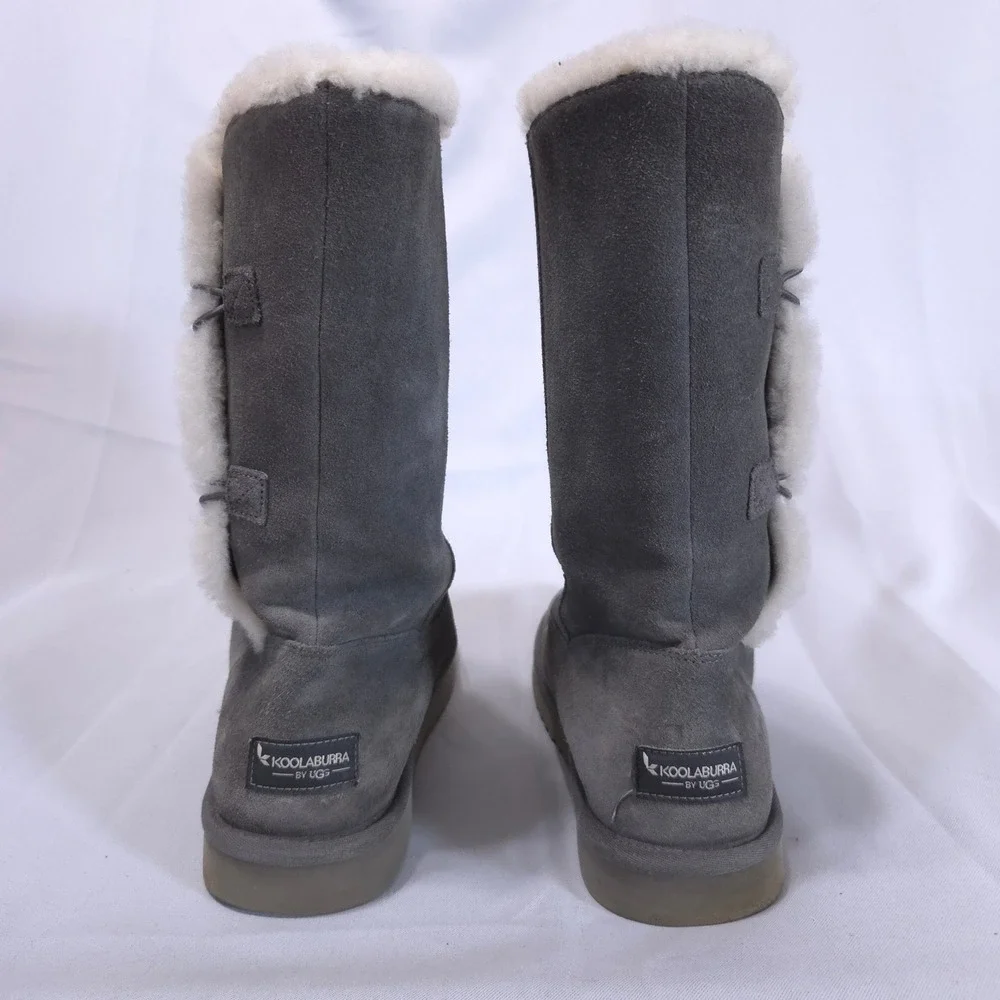 Koolaburra UGG Kinslei Tall Boots 10 Grey Suede Fur Trim Button Gorpcore 1096409